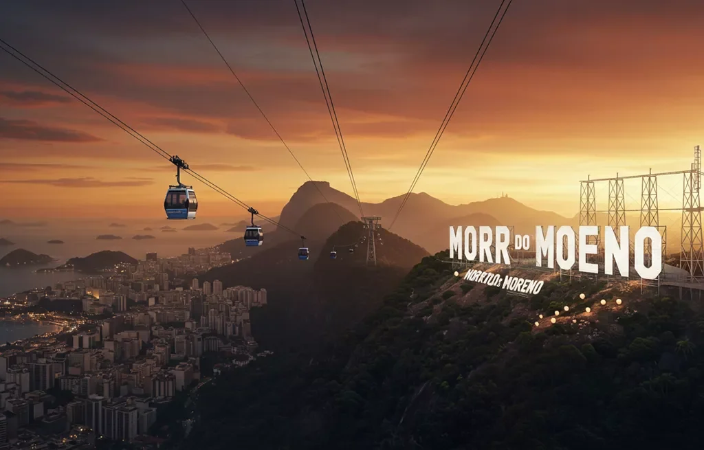 Morro do Moreno com bondinho e letreiro estilo Hollywood