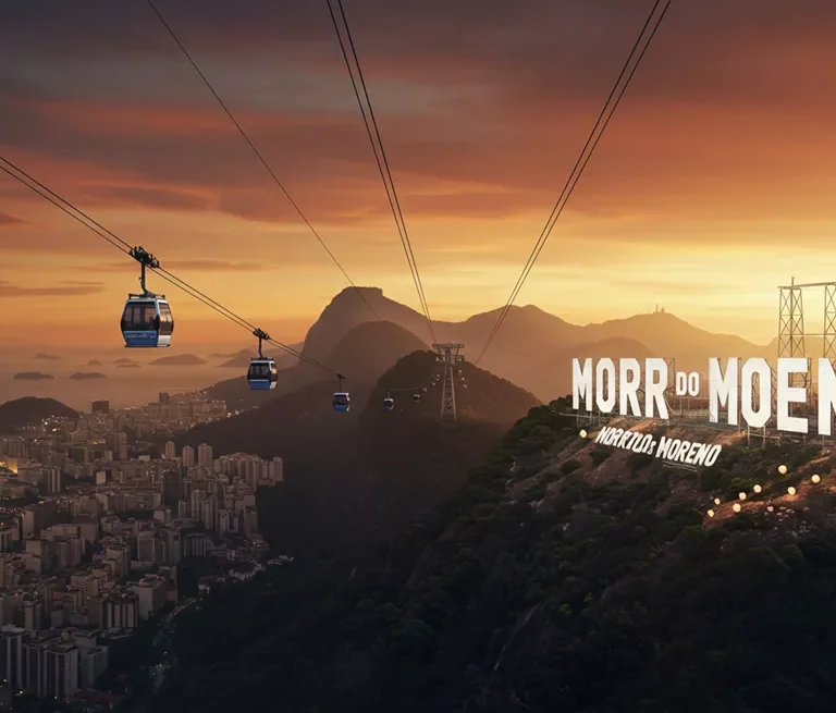 Morro do Moreno com bondinho e letreiro estilo Hollywood