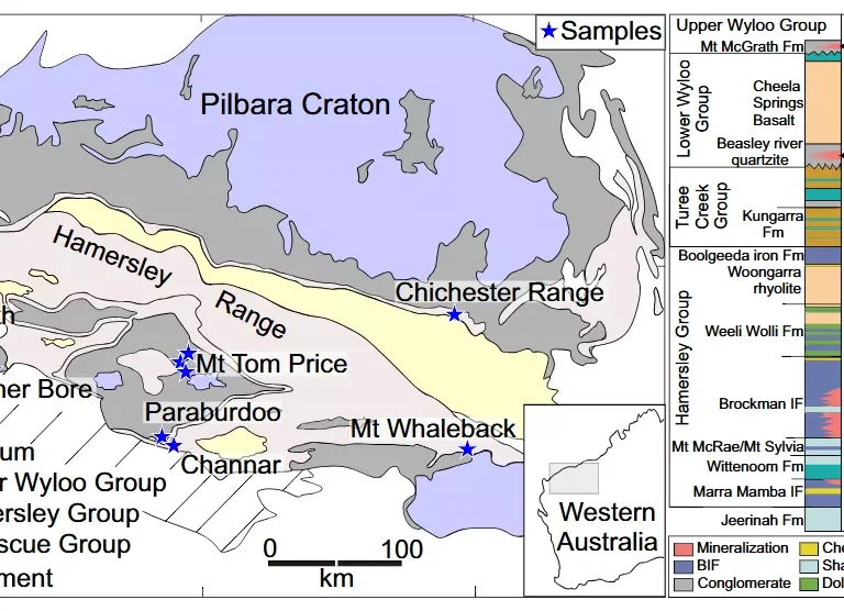 Geologic map of the Pilbara craton with sample locations marked by blue stars (Left). Stratigraphic column (Right) showing the Hamersley Group, whichhosts all martite- microplaty hematite deposits and overlying groups hosting hematite ore clasts. Credit Proceedings of the National Academy of Sciences