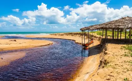 Vista aérea do encontro do rio com o mar na Praia de Riacho Doce, cercada por dunas de areia branca.