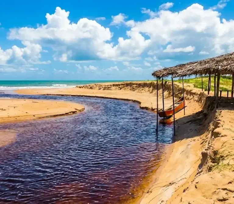 Vista aérea do encontro do rio com o mar na Praia de Riacho Doce, cercada por dunas de areia branca.