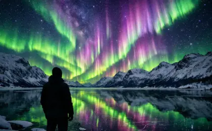 Céu noturno iluminado pela Aurora Boreal verde e roxa sobre montanhas nevadas durante o máximo solar de 2026.