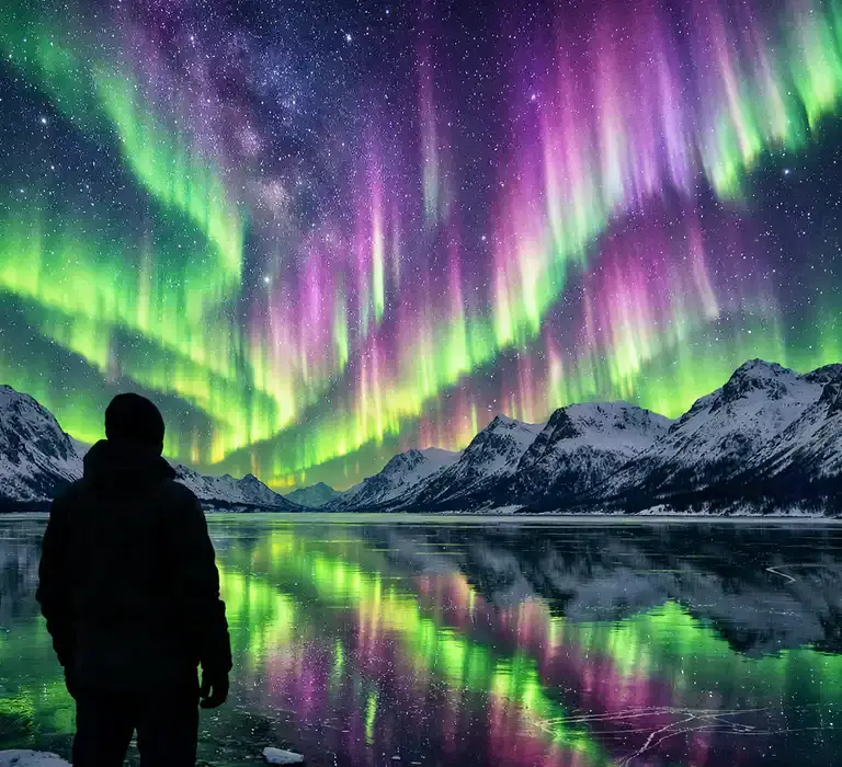 Céu noturno iluminado pela Aurora Boreal verde e roxa sobre montanhas nevadas durante o máximo solar de 2026.