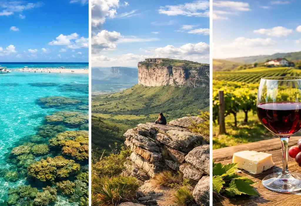 Montagem com três destinos turísticos brasileiros baratos: Praia de Maragogi, Montanhas da Chapada Diamantina e Vinhedos de São Roque.
