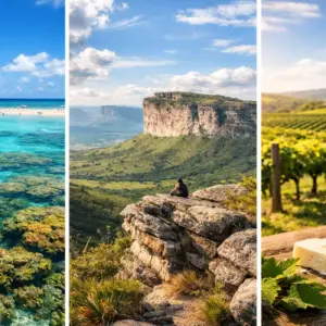 Montagem com três destinos turísticos brasileiros baratos: Praia de Maragogi, Montanhas da Chapada Diamantina e Vinhedos de São Roque.