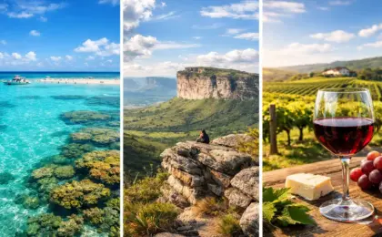 Montagem com três destinos turísticos brasileiros baratos: Praia de Maragogi, Montanhas da Chapada Diamantina e Vinhedos de São Roque.