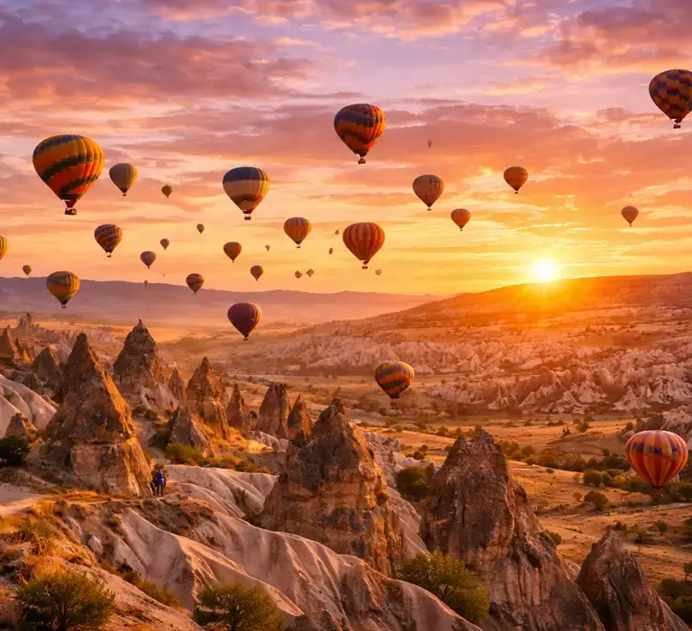 Vários balões de ar quente coloridos voando sobre as formações rochosas da Capadócia, na Turquia, durante o nascer do sol dourado.