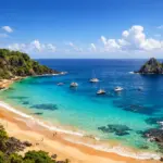 Vista panorâmica da Baía do Sancho em Fernando de Noronha, com mar azul-turquesa e falésias verdes.
