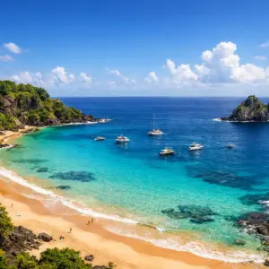 Vista panorâmica da Baía do Sancho em Fernando de Noronha, com mar azul-turquesa e falésias verdes.