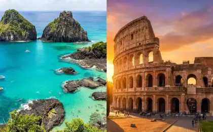 Paisagem dividida mostrando a praia do Sancho em Fernando de Noronha e o Coliseu em Roma, representando viagens nacionais e internacionais.
