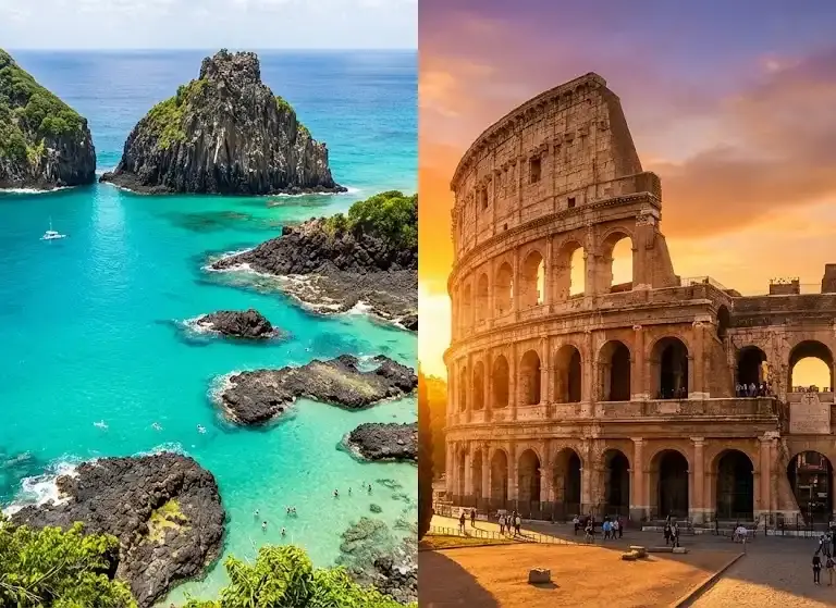 Paisagem dividida mostrando a praia do Sancho em Fernando de Noronha e o Coliseu em Roma, representando viagens nacionais e internacionais.