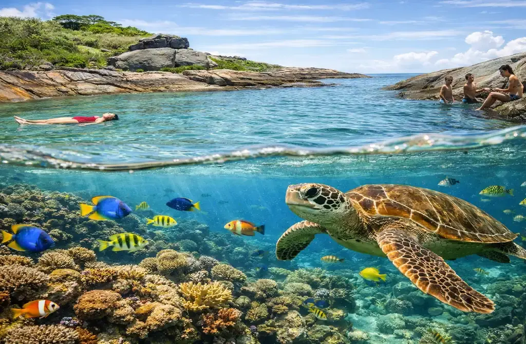 Fotografia subaquática split-shot nas Três Ilhas, Guarapari, mostrando banhistas na superfície e uma tartaruga marinha nadando com peixes coloridos em um recife de coral abaixo da água.