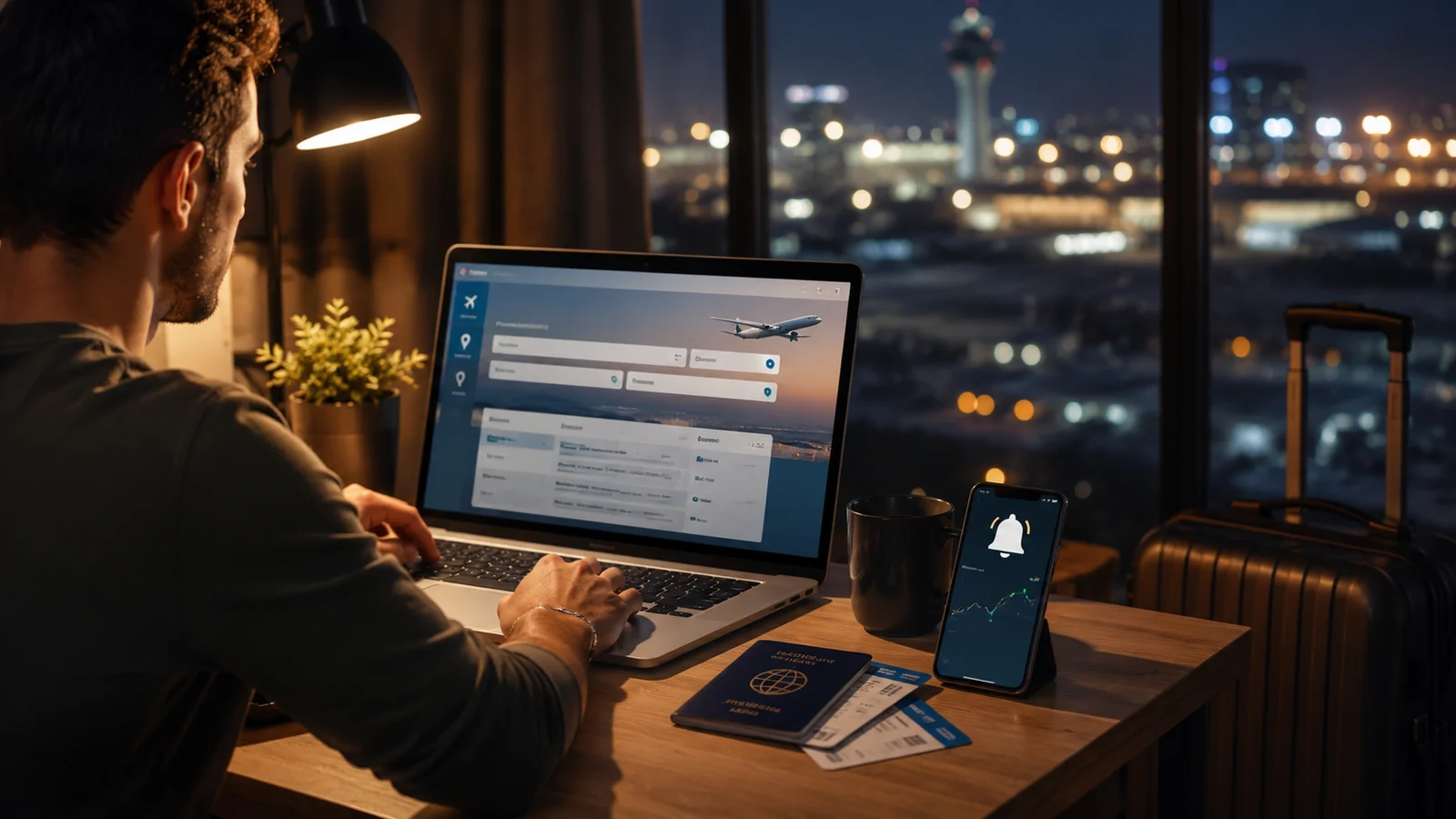 comprar passagem aérea de madrugada com notebook celular alerta de preço mala e avião no aeroporto