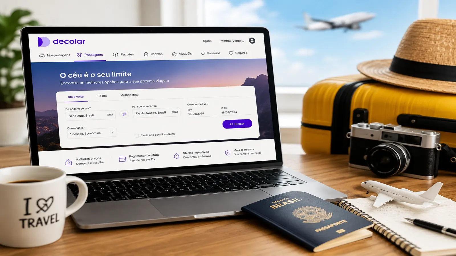 comprar passagem na Decolar com notebook mostrando busca de voos mala passaporte e planejamento de viagem