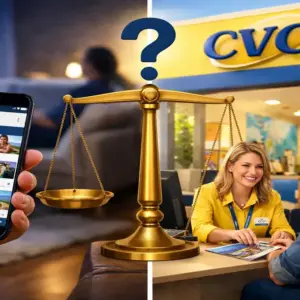 Fachada de uma loja da CVC Viagens com cliente sendo atendido, ilustrando a análise se vale a pena comprar pacotes na agência.