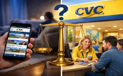 CVC Viagens: Vale a Pena Comprar Passagens Aéreas e Pacotes de Viagem? 6 Fachada de uma loja da CVC Viagens com cliente sendo atendido, ilustrando a análise se vale a pena comprar pacotes na agência.