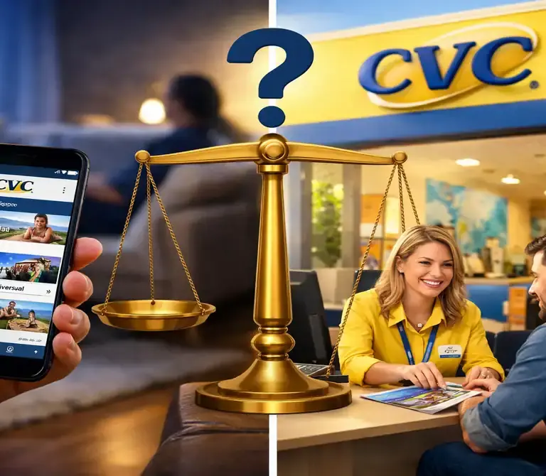 Fachada de uma loja da CVC Viagens com cliente sendo atendido, ilustrando a análise se vale a pena comprar pacotes na agência.