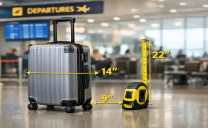Mala de bordo no aeroporto com fita métrica, ilustrando as medidas oficiais de 55x35x25 cm para bagagem de mão.