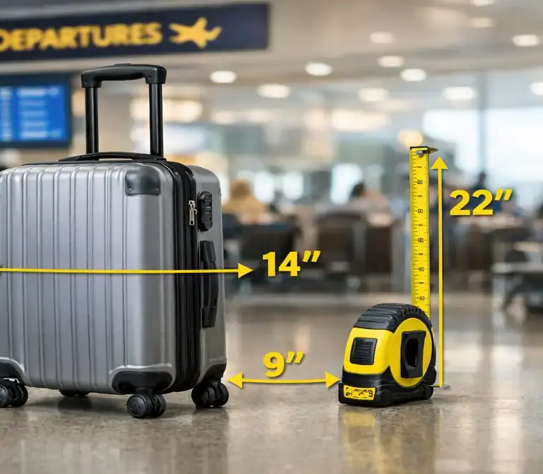 Mala de bordo no aeroporto com fita métrica, ilustrando as medidas oficiais de 55x35x25 cm para bagagem de mão.