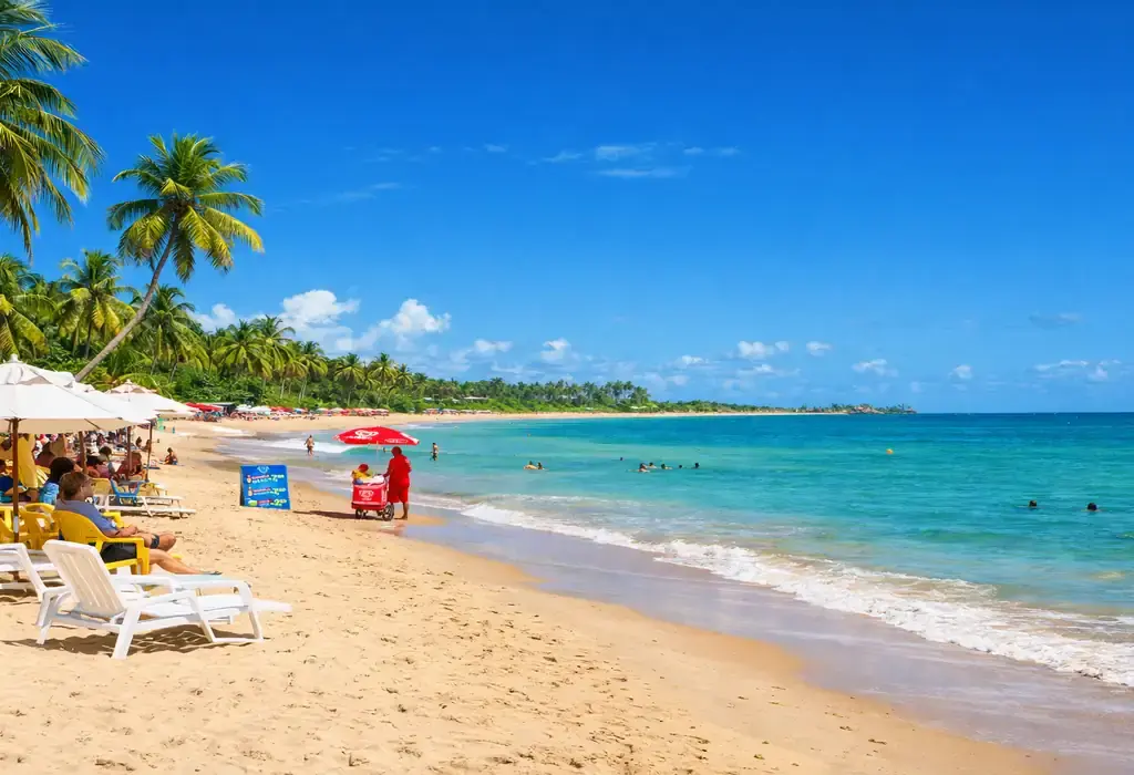 "Paisagem panorâmica da Praia de Taperapuã em Porto Seguro com céu azul vibrante e mar calmo, ilustrando a melhor época para viajar para a Bahia sem chuvas."