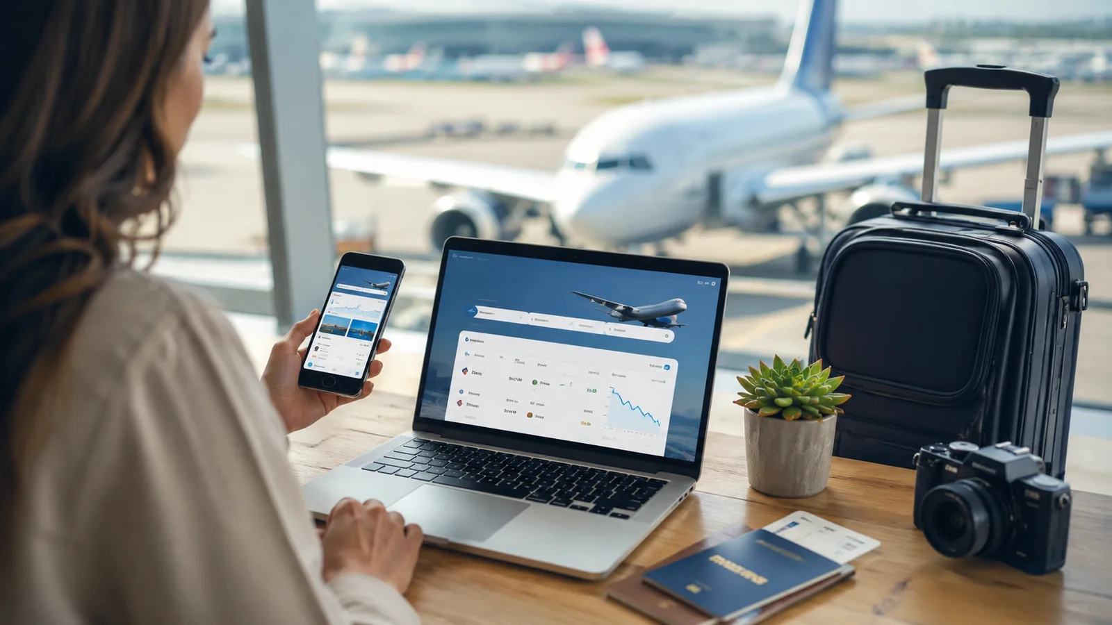 melhor horário para comprar passagens aéreas com celular mostrando alerta de preço voo barato e mala de viagem