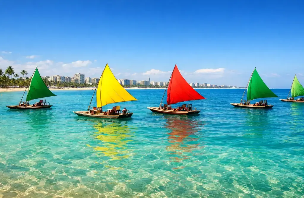 Praia de Pajuçara em Maceió com suas tradicionais jangadas de velas coloridas flutuando sobre águas azul-turquesa.