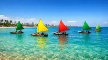 Praia de Pajuçara em Maceió com suas tradicionais jangadas de velas coloridas flutuando sobre águas azul-turquesa.