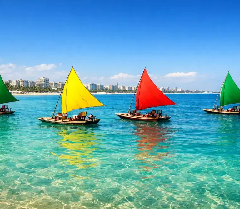 Praia de Pajuçara em Maceió com suas tradicionais jangadas de velas coloridas flutuando sobre águas azul-turquesa.