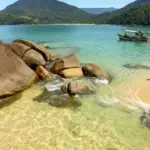 Vista aérea da costa de Ubatuba, mostrando a Mata Atlântica preservada e o mar verde esmeralda na Praia do Félix.