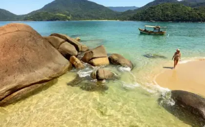Vista aérea da costa de Ubatuba, mostrando a Mata Atlântica preservada e o mar verde esmeralda na Praia do Félix.