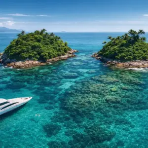 Vista aérea da Ilha Duas Irmãs em Angra dos Reis, com suas duas formações rochosas cercadas por mar azul-turquesa e uma lancha privativa ancorada.