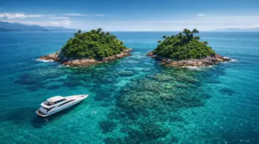 Vista aérea da Ilha Duas Irmãs em Angra dos Reis, com suas duas formações rochosas cercadas por mar azul-turquesa e uma lancha privativa ancorada.