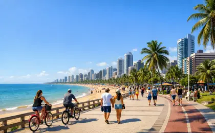 Vista panorâmica da orla da Praia de Manaíra com ciclovia, coqueiros e prédios modernos ao fundo.