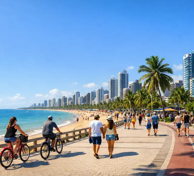 Vista panorâmica da orla da Praia de Manaíra com ciclovia, coqueiros e prédios modernos ao fundo.
