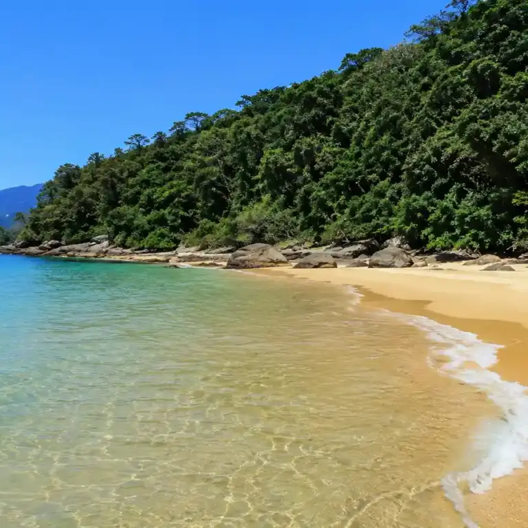 Praia do Iporanga no Guarujá com cachoeira mar calmo e Mata Atlântica