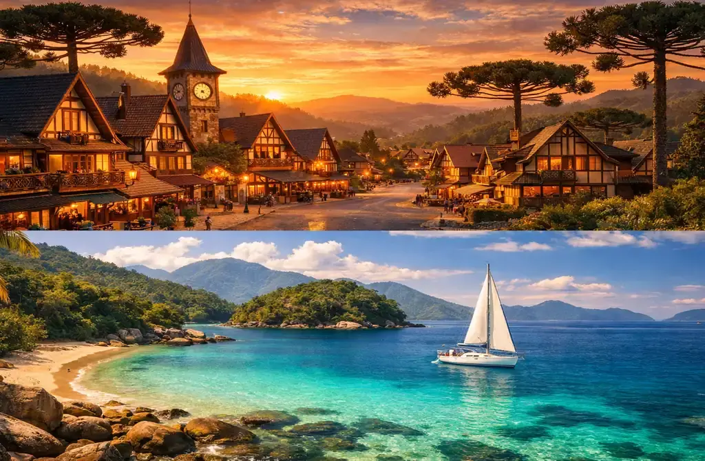 Montagem fotográfica mostrando o contraste entre o charme das montanhas de Campos do Jordão e as praias de Ilhabela, destinos turísticos em São Paulo.