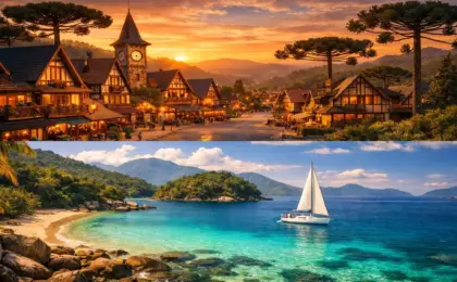 Não precisa de avião: 7 destinos em SP que parecem Europa ou Caribe. 12 Montagem fotográfica mostrando o contraste entre o charme das montanhas de Campos do Jordão e as praias de Ilhabela, destinos turísticos em São Paulo.