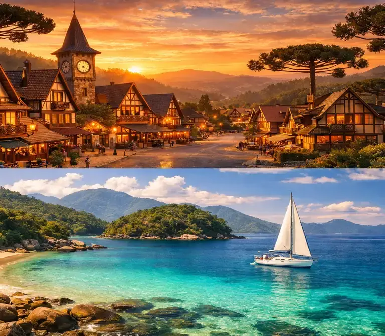 Montagem fotográfica mostrando o contraste entre o charme das montanhas de Campos do Jordão e as praias de Ilhabela, destinos turísticos em São Paulo.