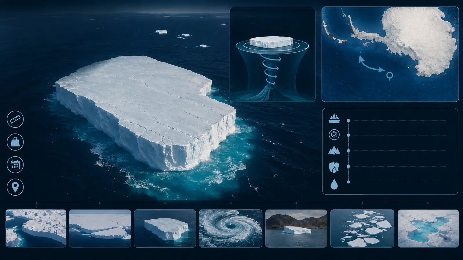 iceberg A23a visto por satélite no Oceano Antártico com rachaduras e água azul de degelo