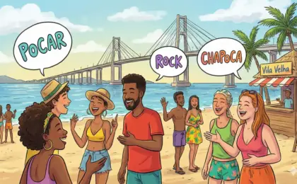 Dicionário Básico Capixabês: entenda as palavras e expressões do Espírito Santo 12 Ilustração representando as gírias do Espírito Santo como Pocar e Ir pro Rock, com a Terceira Ponte ao fundo.