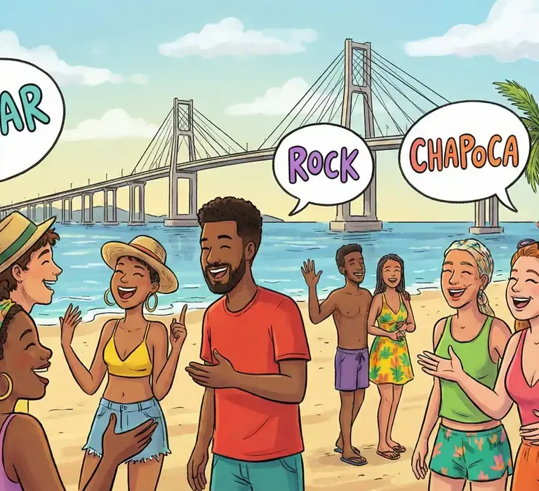 Ilustração representando as gírias do Espírito Santo como Pocar e Ir pro Rock, com a Terceira Ponte ao fundo.