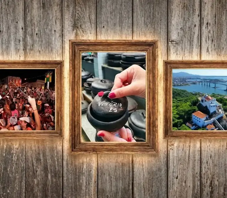 Panorama cultural do Espírito Santo mostrando o Convento da Penha, as Paneleiras de Goiabeiras e o folclore capixaba.