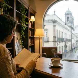 Mulher sentada em um ambiente aconchegante com estantes de livros, tomando café e lendo, enquanto observa a chuva cair sobre prédios históricos no Centro de Vitória através de uma grande janela em arco.