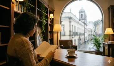 Mulher sentada em um ambiente aconchegante com estantes de livros, tomando café e lendo, enquanto observa a chuva cair sobre prédios históricos no Centro de Vitória através de uma grande janela em arco.