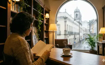 Mulher sentada em um ambiente aconchegante com estantes de livros, tomando café e lendo, enquanto observa a chuva cair sobre prédios históricos no Centro de Vitória através de uma grande janela em arco.