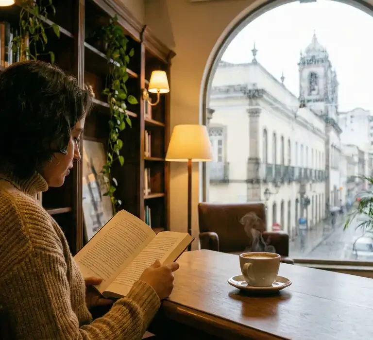 Mulher sentada em um ambiente aconchegante com estantes de livros, tomando café e lendo, enquanto observa a chuva cair sobre prédios históricos no Centro de Vitória através de uma grande janela em arco.