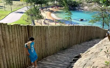 Mulher observando o mar turquesa em uma praia tranquila do Espírito Santo, com acesso por uma escadaria de madeira rústica.