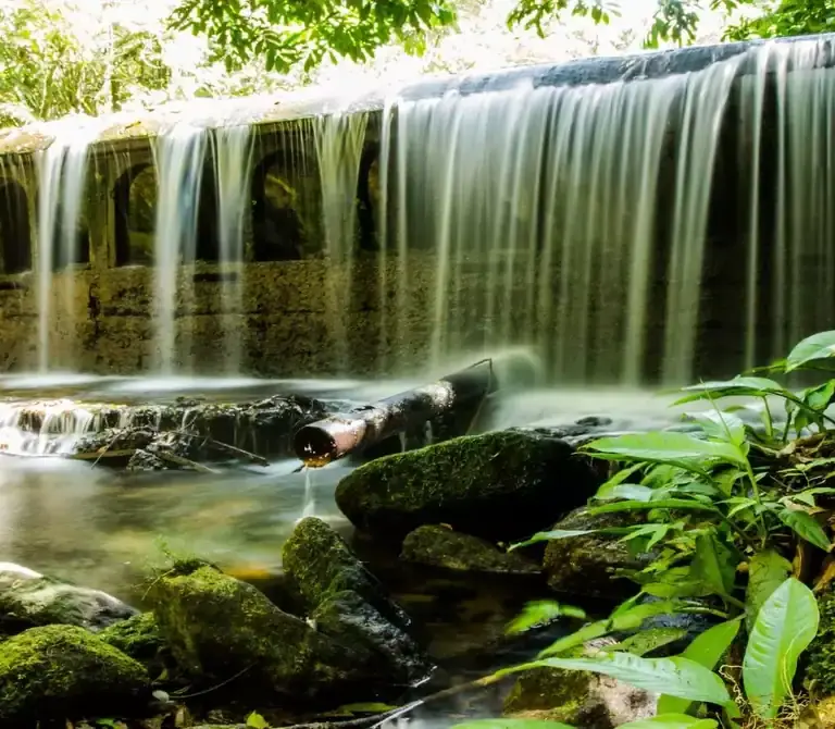 Vista da represa antiga cercada por floresta na Reserva Biológica de Duas Bocas, em Cariacica.