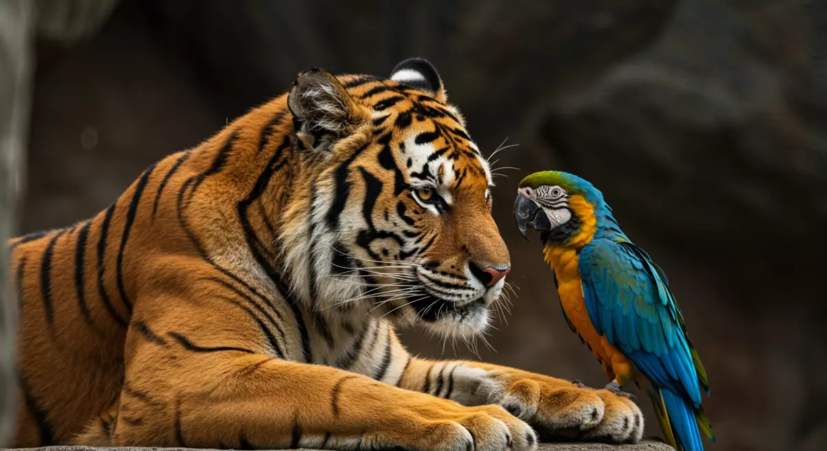 Tigre e arara representando os animais do Zoo Park da Montanha