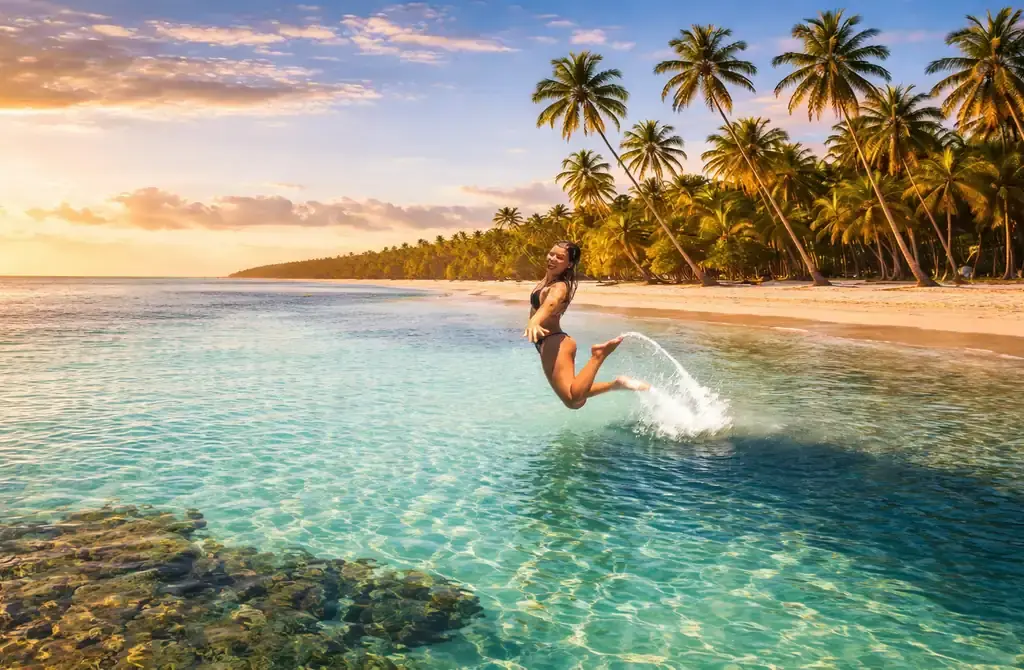 "Paisagem paradisíaca com águas turquesas e coqueiros na Praia dos Carneiros, ilustrando as melhores praias próximas a Porto de Galinhas."